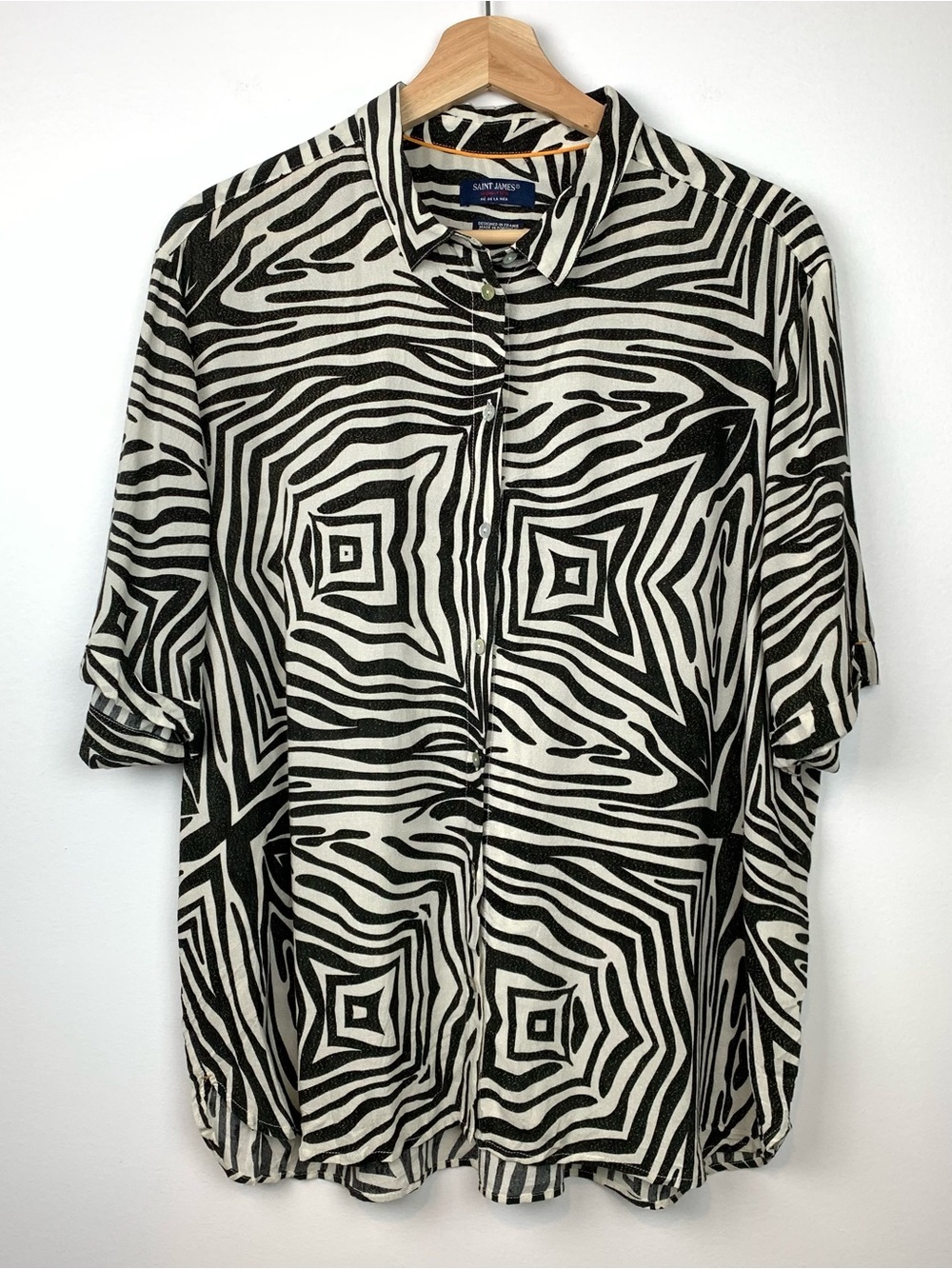 Saint James Blouse Animal Print Zebra White Black Sz Medium Metallic Shimmer
